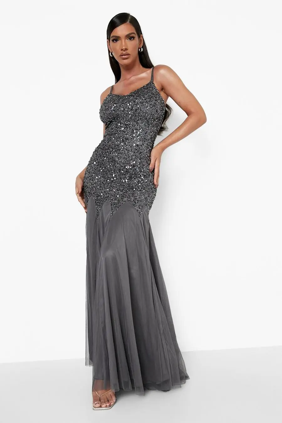 Hand Embellished Godet Mesh Maxi Dress