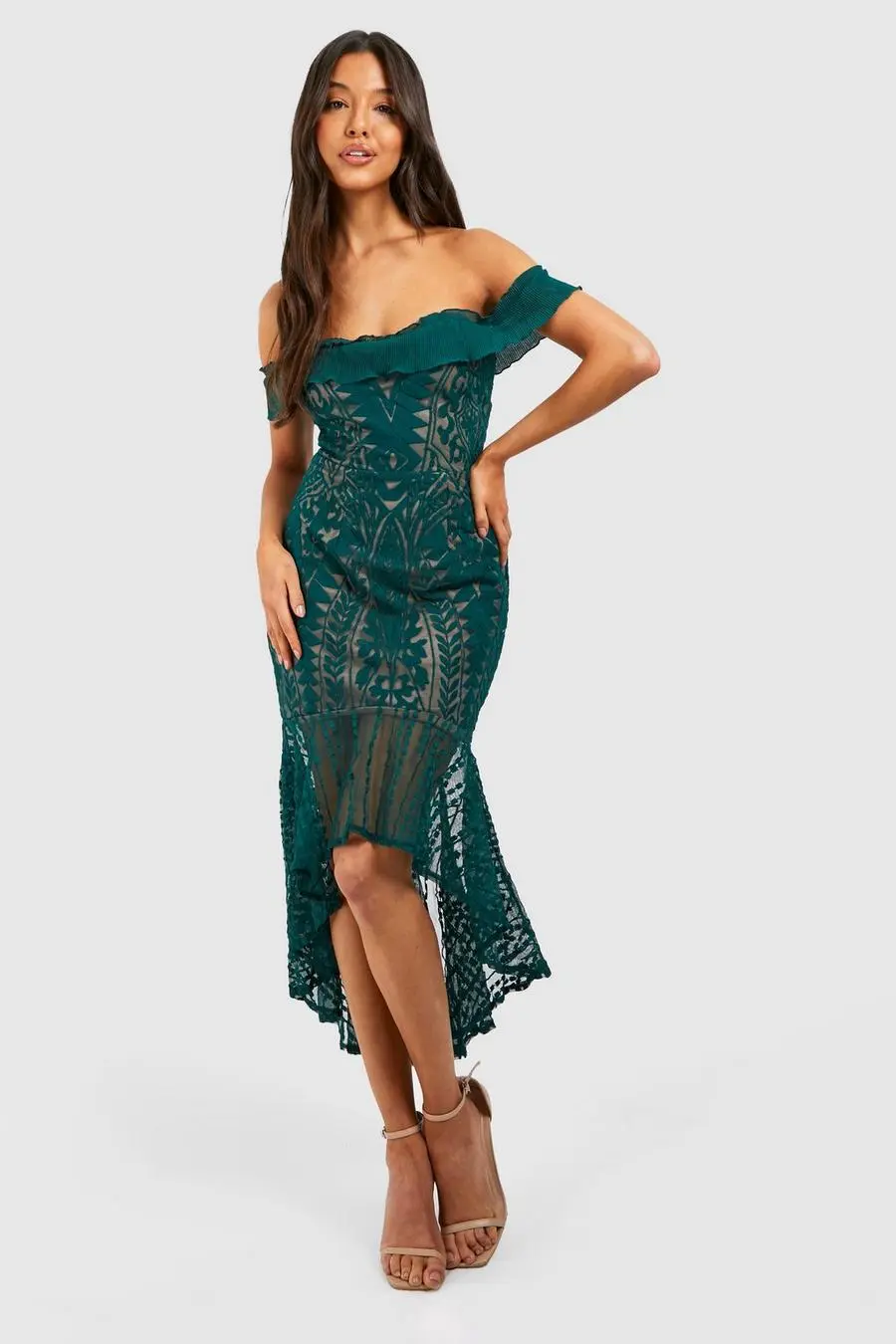 Off The Shoulder Lace Ruffle Hem Maxi Dress