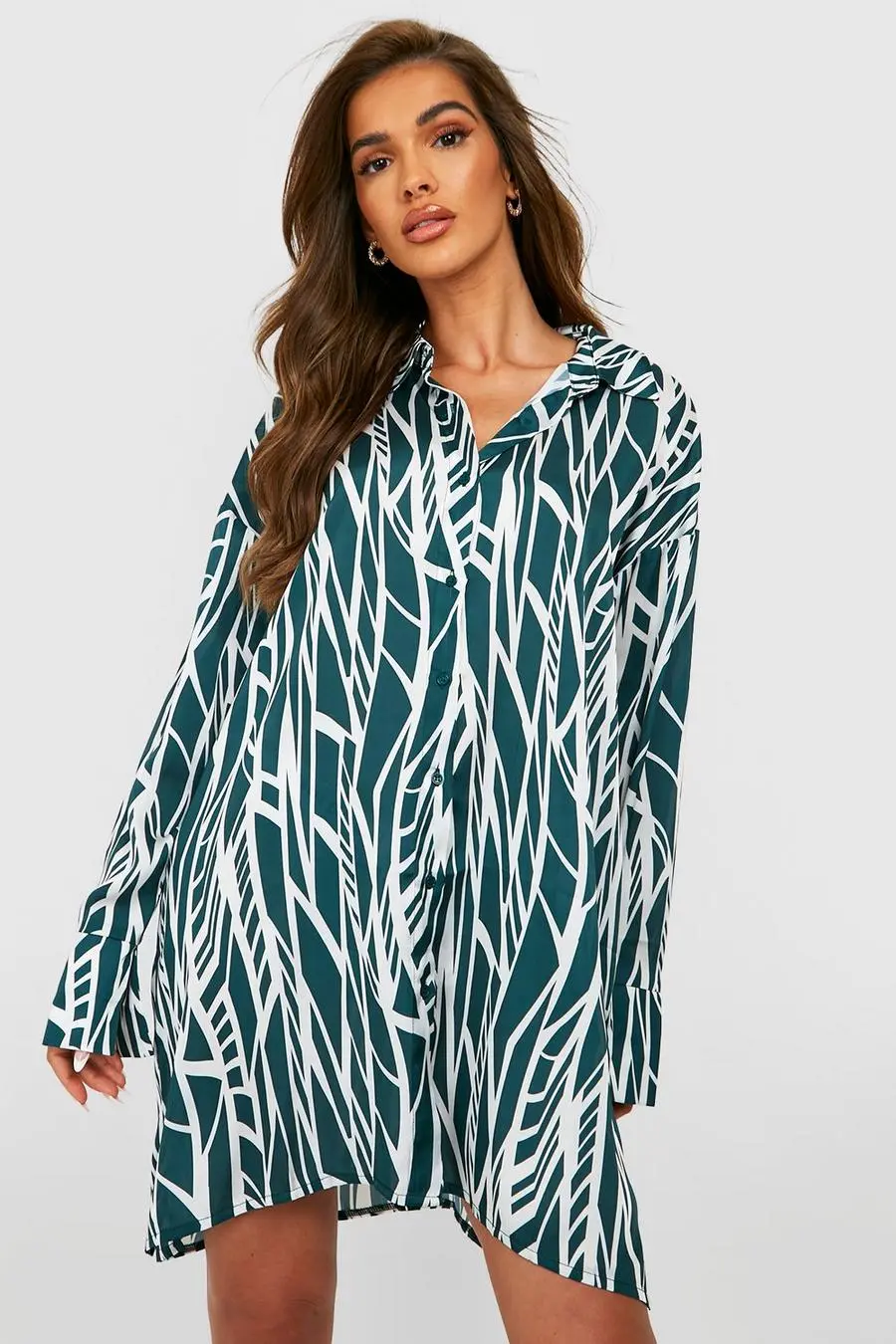 Satin Geo Print Extreme Oversized Shirt Dress