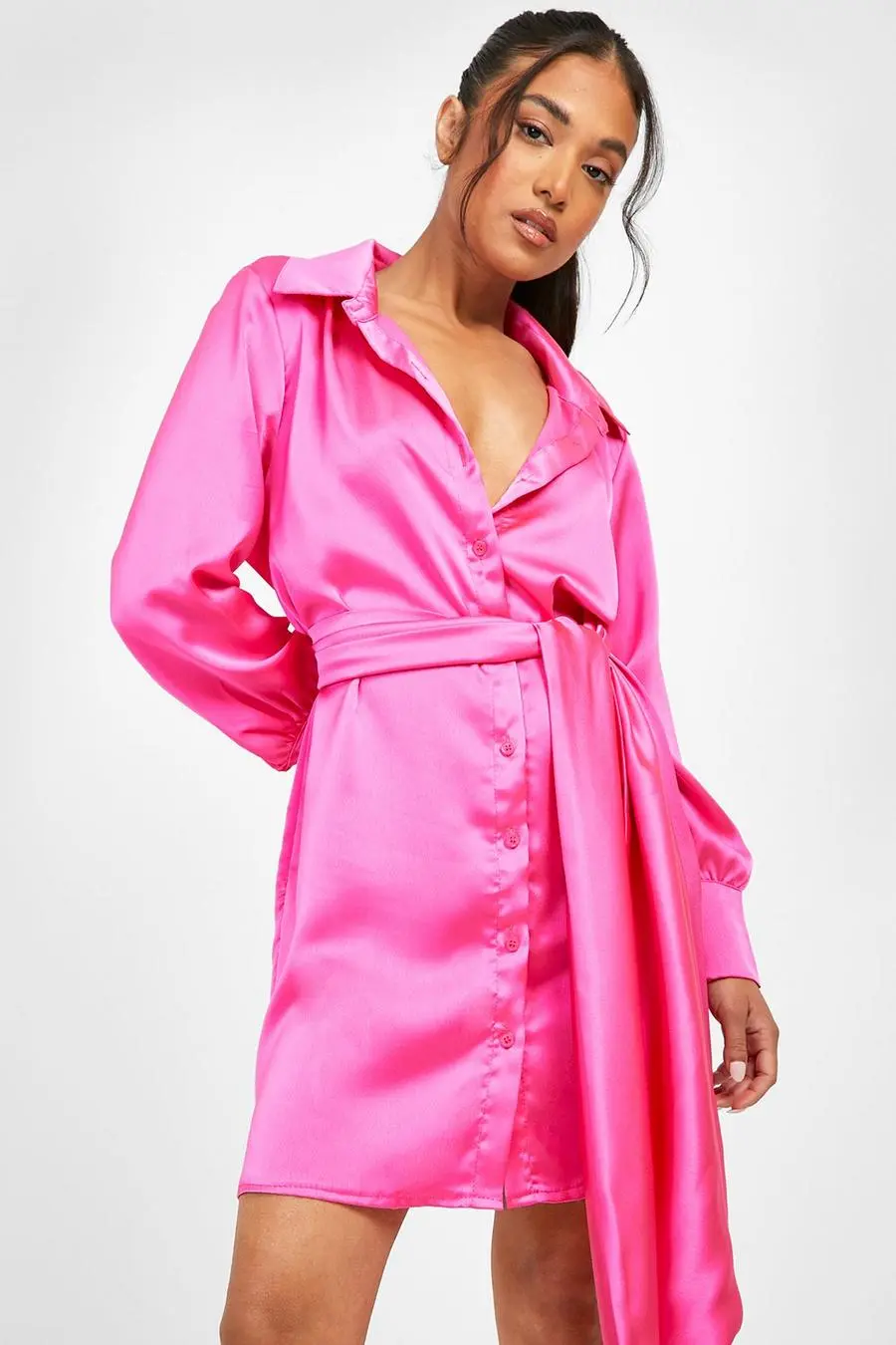 Petite Satin Belted Shirt Dress