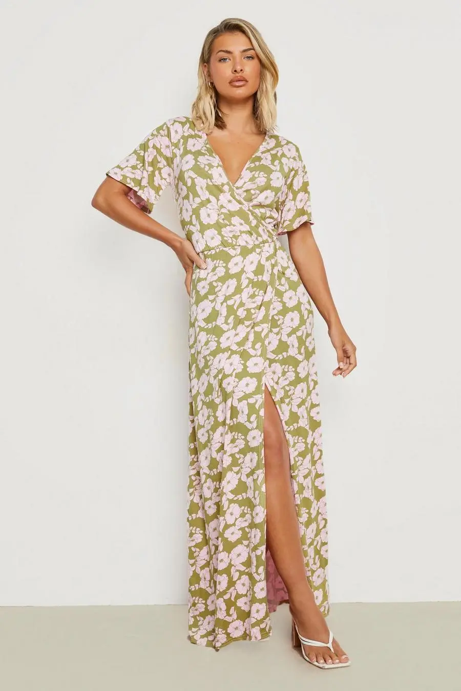 Floral Angel Sleeve Wrap Maxi Dress