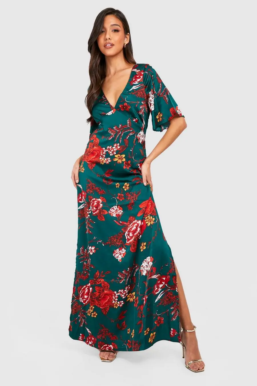 Floral Satin Print Maxi Dress