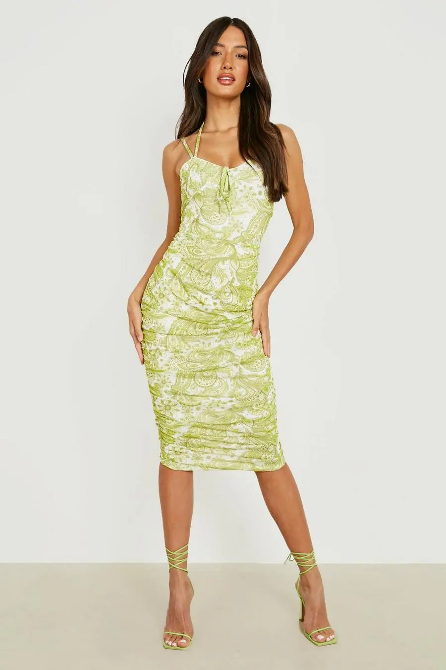 Paisley Printed Mesh Rouched Midi Dress