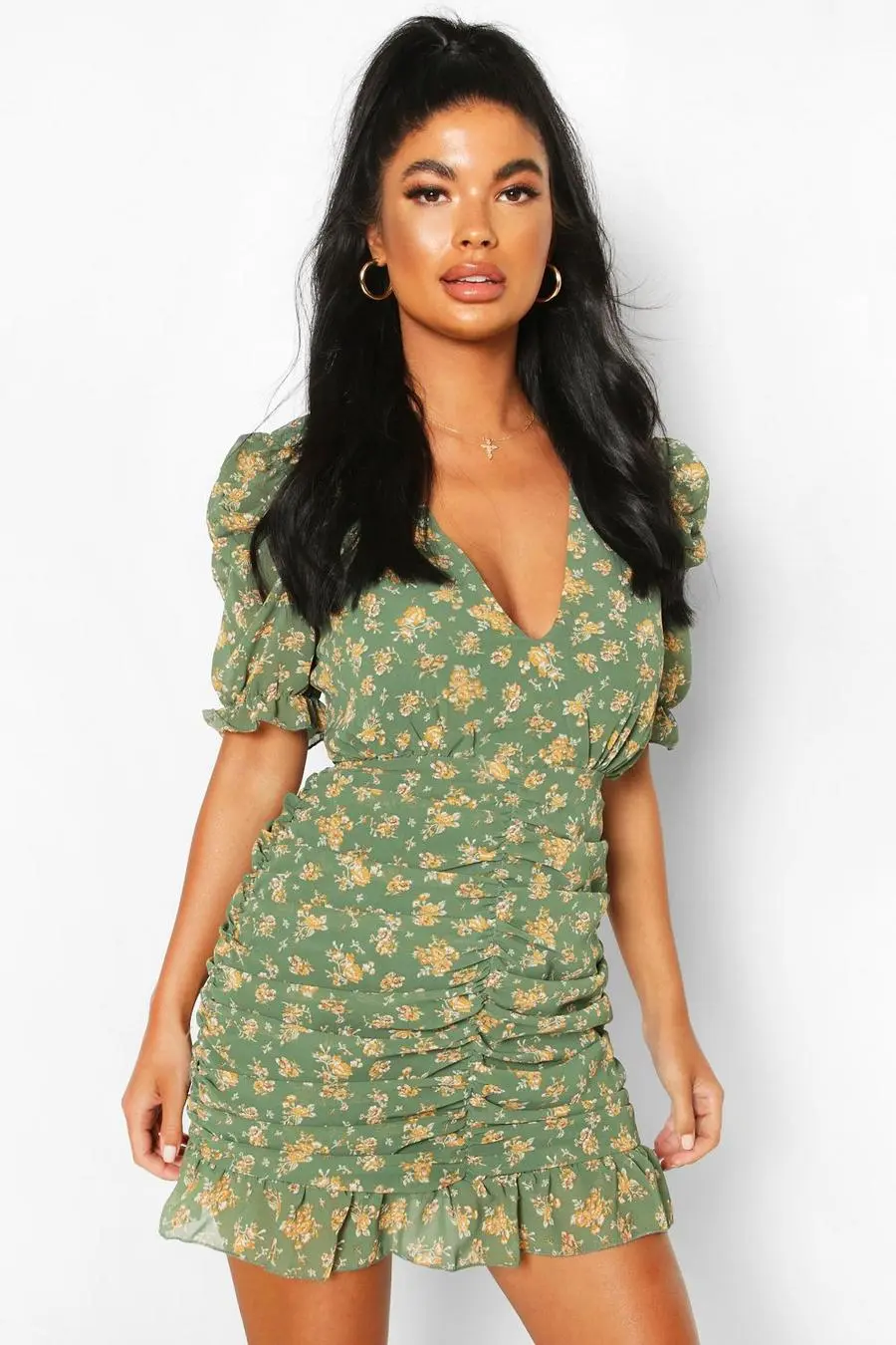Petite Floral Ruched Mini Dress