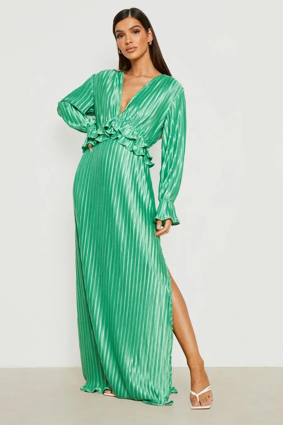Pleated Plunge Ruffle Detail Maxi Dress