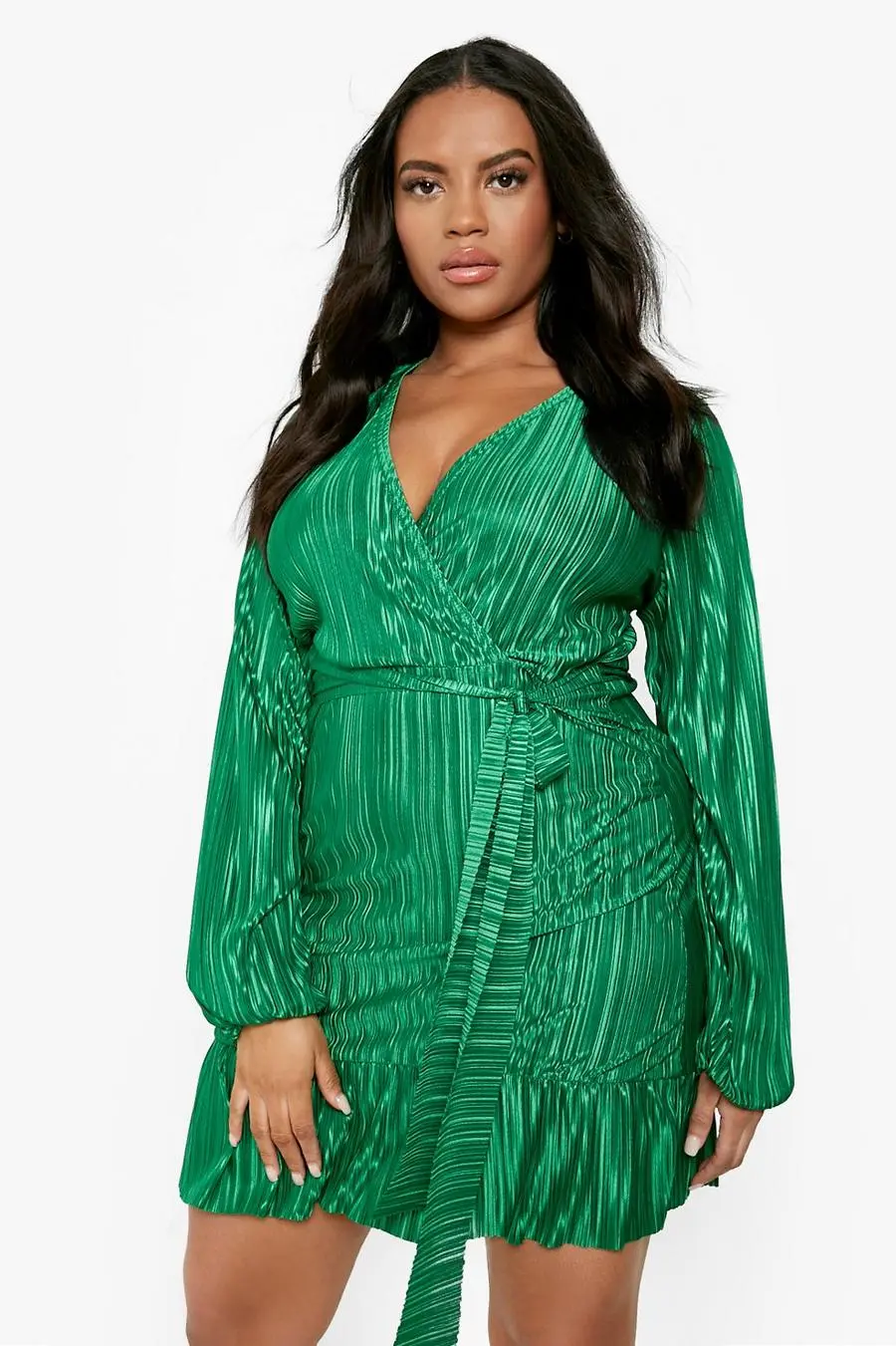 Plus Plisse Belted Frill Hem Skater Dress