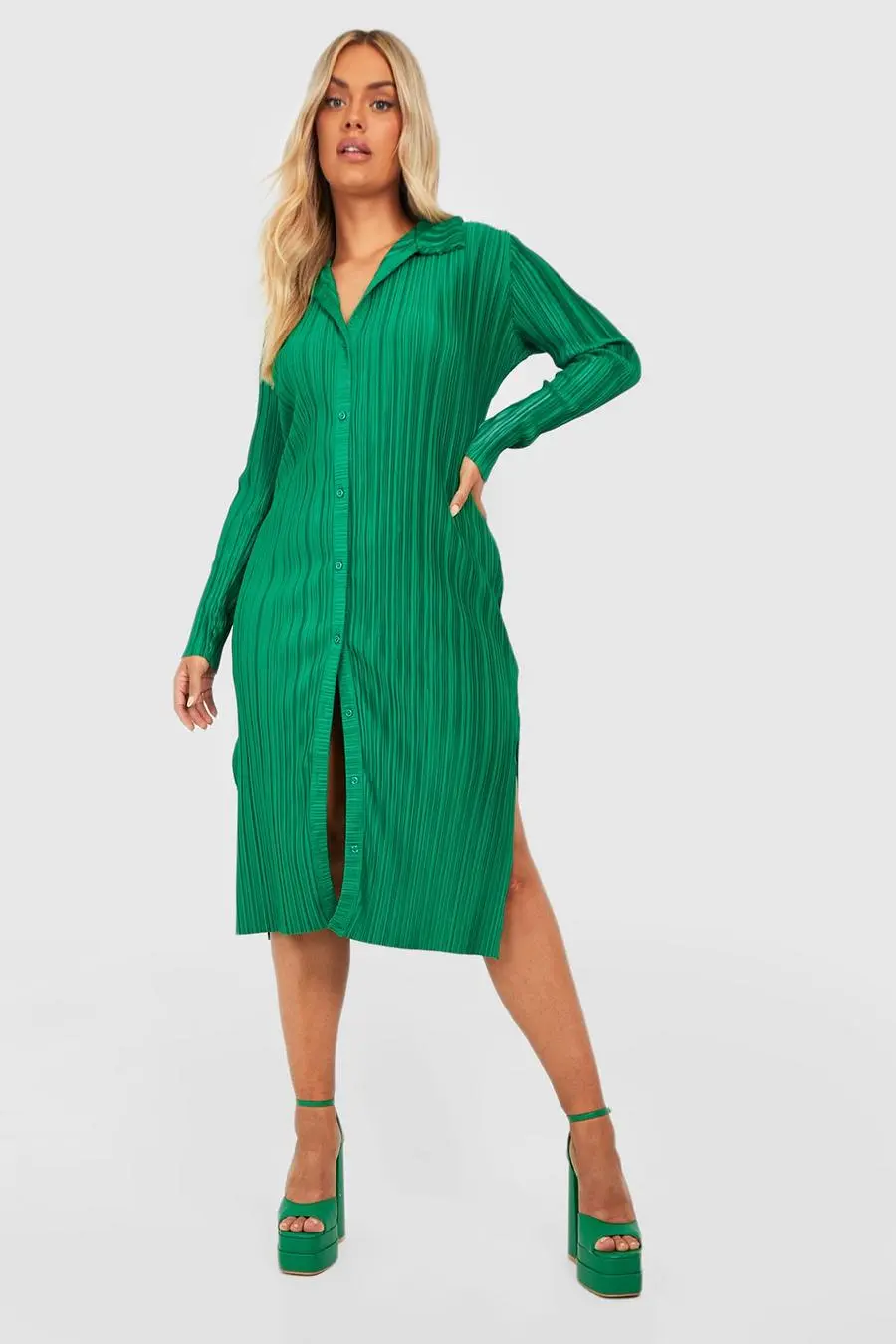 Plus Plisse Split Midi Shirt Dress