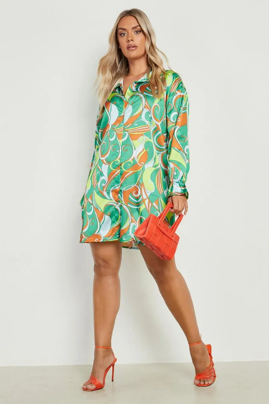 Plus Satin Abstract Print Shirt Dress