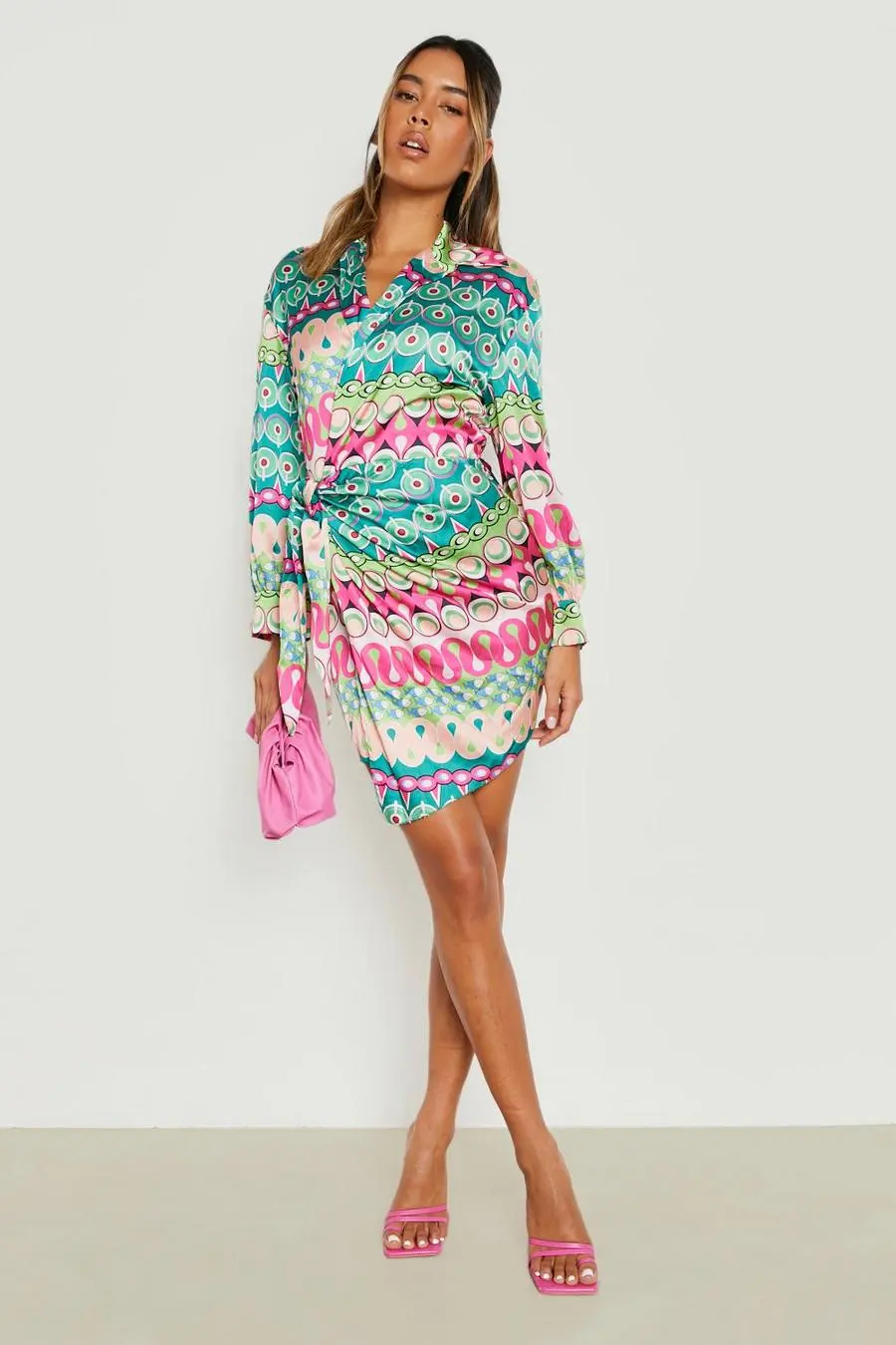Printed Wrap Shirt Dress