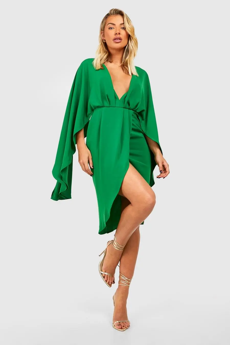 Satin Cape Sleeve Wrap Midi Dress