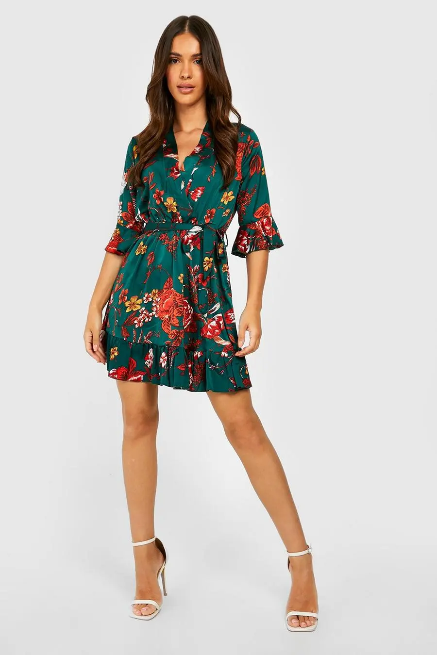 Satin Floral Print Ruffle Skater Dress