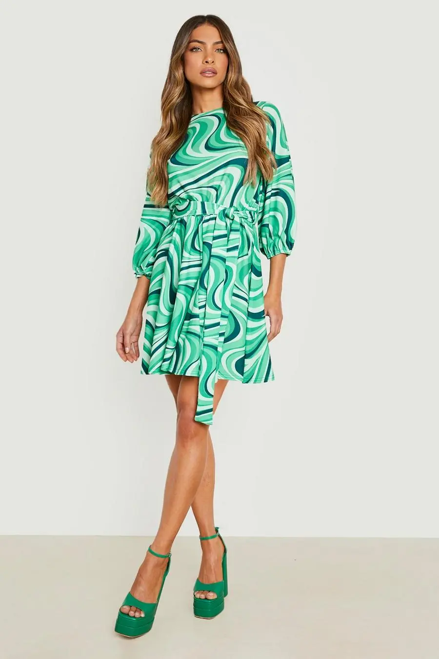 Scuba Crepe Belted Skater Dress Swirl Print