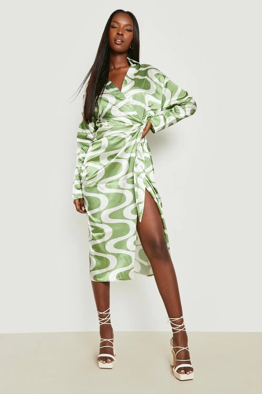 Wave Printed Satin Wrap Midi Dress
