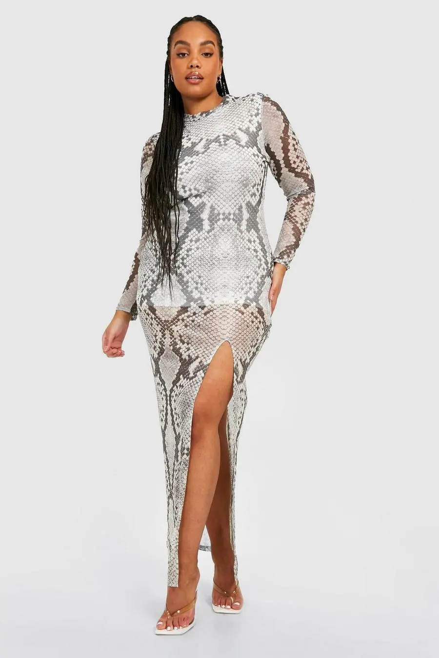 Plus Mesh Side Split Long Sleeve Snake Print Maxi Dress