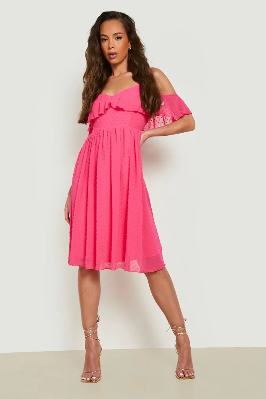 Dobby Cold Shoulder Midi Skater Dress