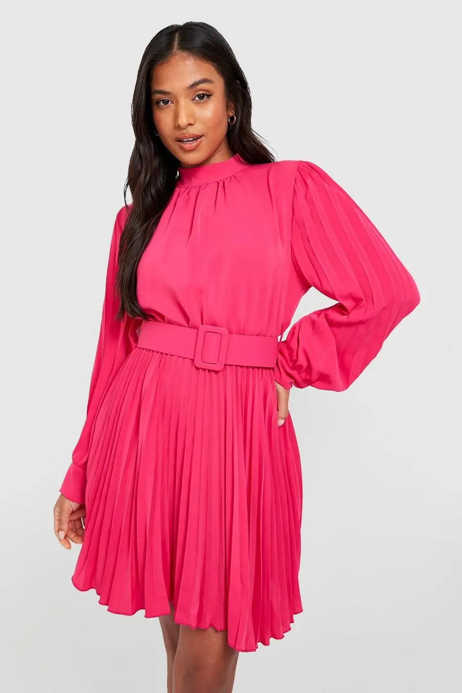 Petite High Neck Pleated Belted Skater Dress