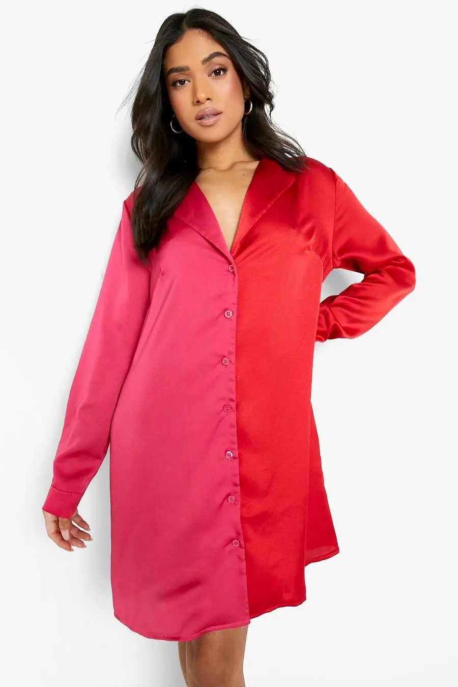 Petite Spliced Satin Colorblock Shirt Dress