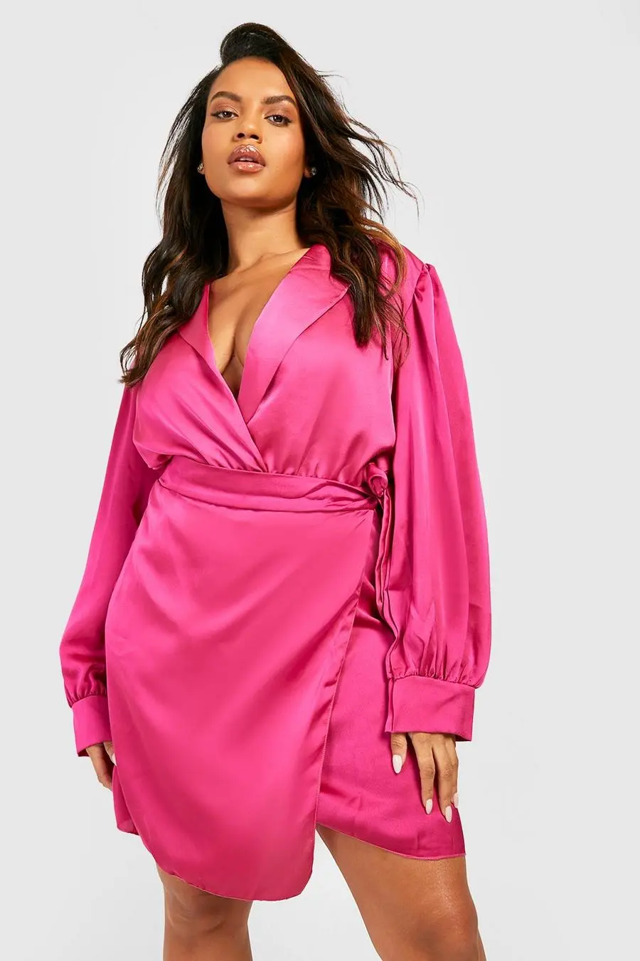 Plus Satin Deep Cuff Shirt Dress