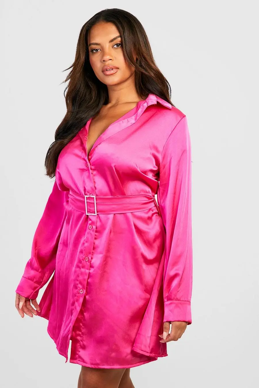 Plus Satin Diamante Shirt Dress