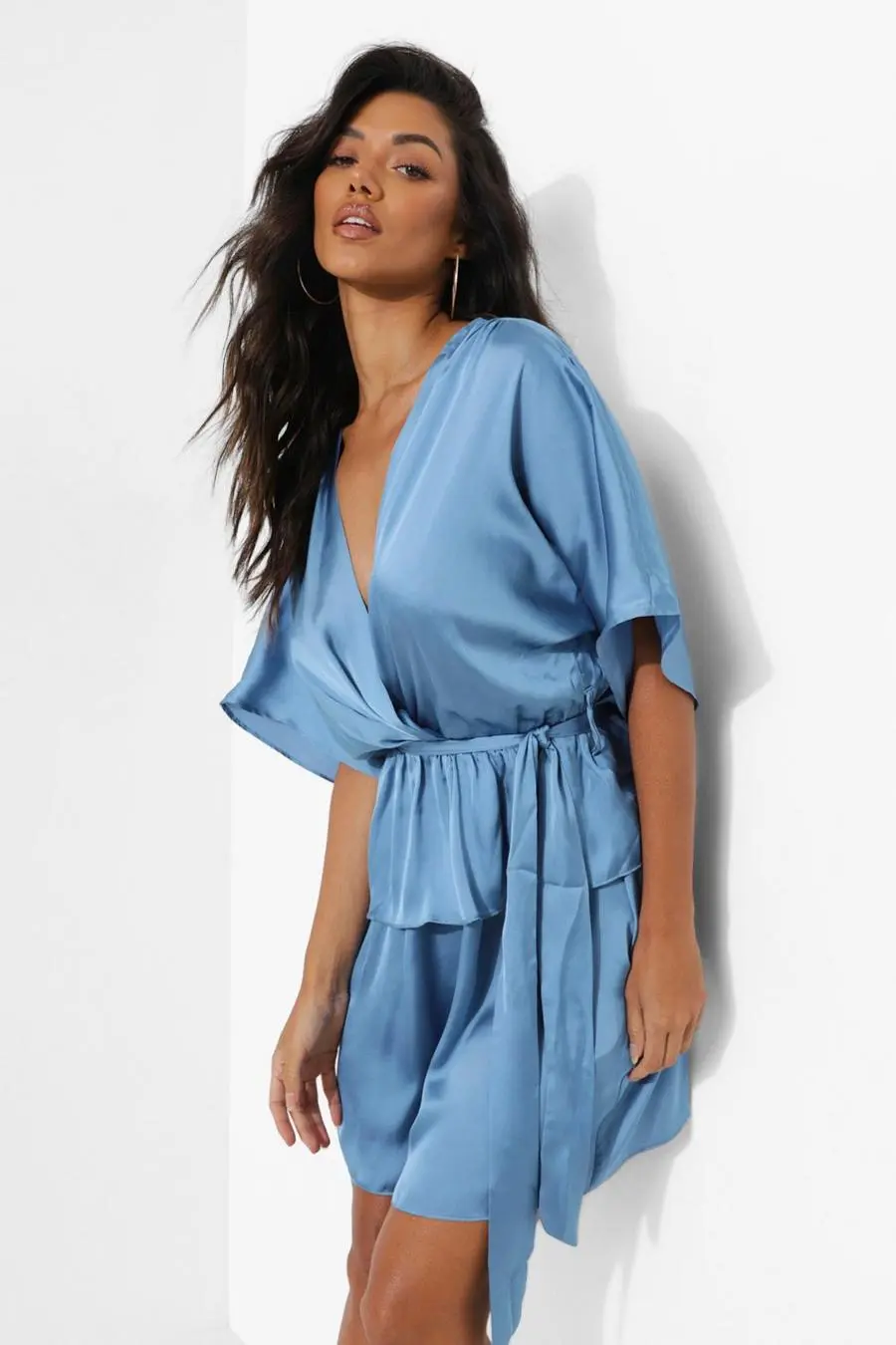 Satin Volume Short Sleeve Belted Skater Dress