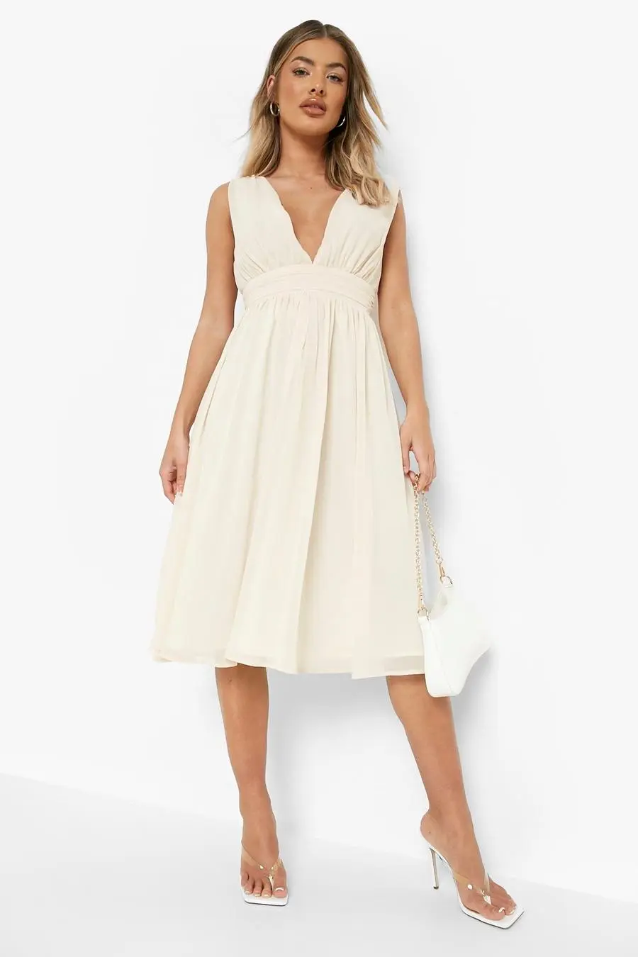 Plunge Rouched Midi Skater Dress