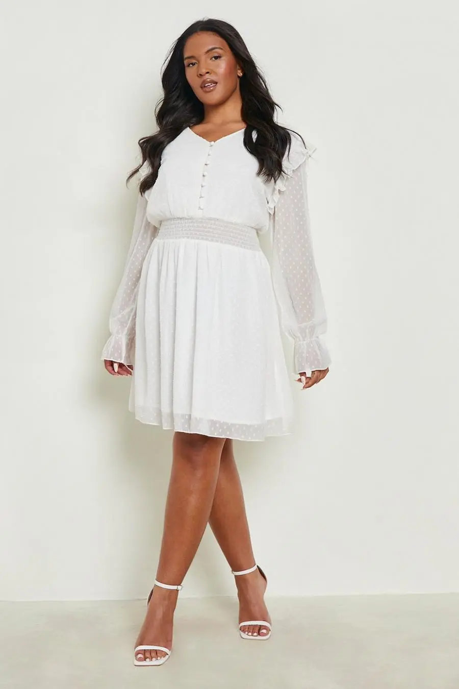 Plus Dobby Mesh Shirred Waist Skater Dress