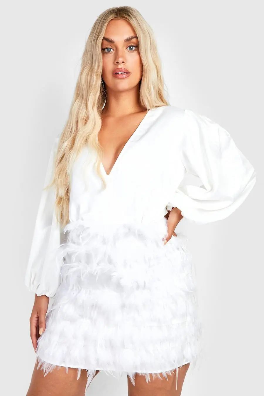 Plus Feather Hem Plunge Mini Dress
