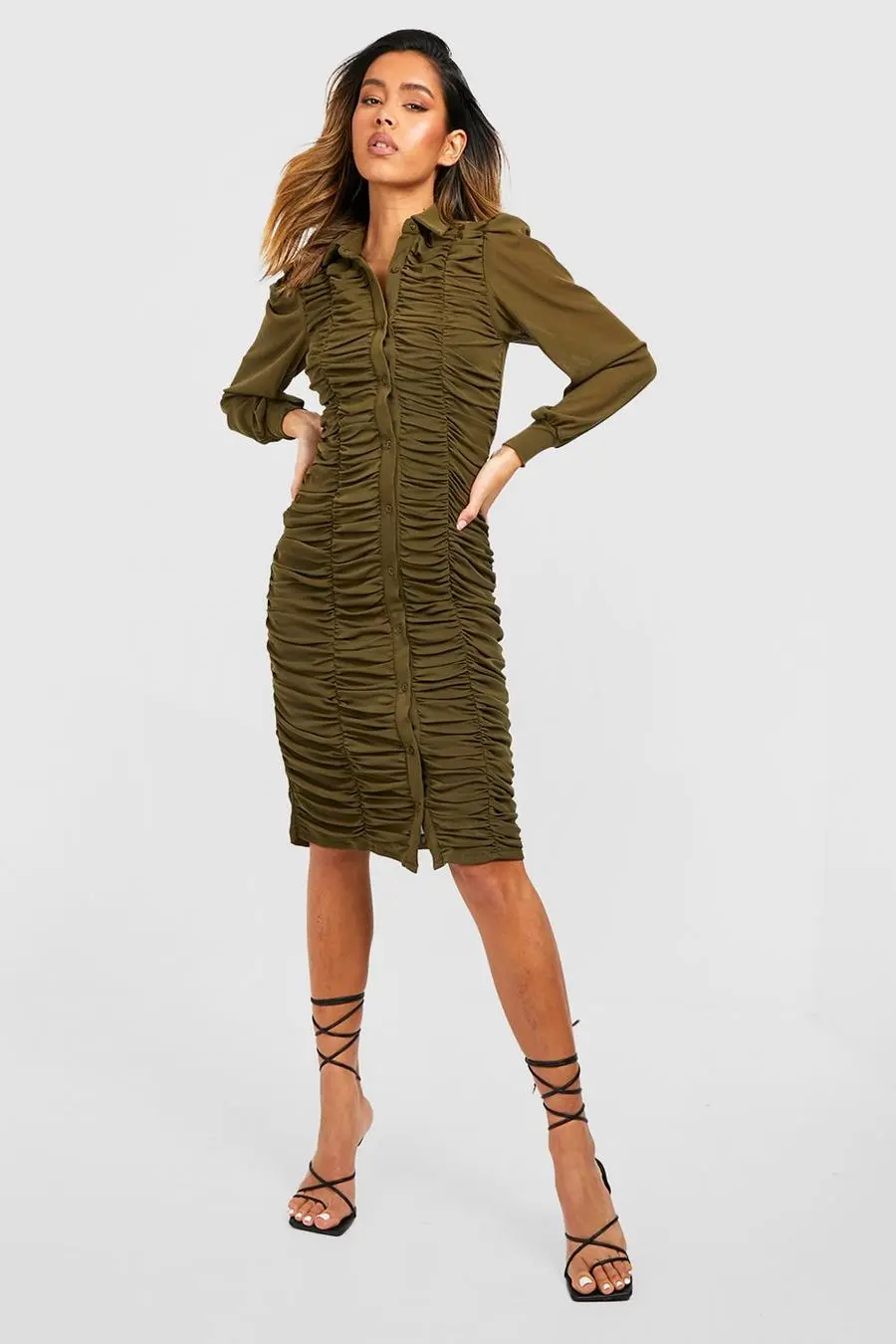 Mesh Ruched Midi Shirt Dress