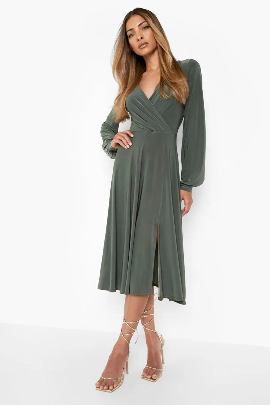 Slinky Wrap Balloon Sleeve Skater Dress