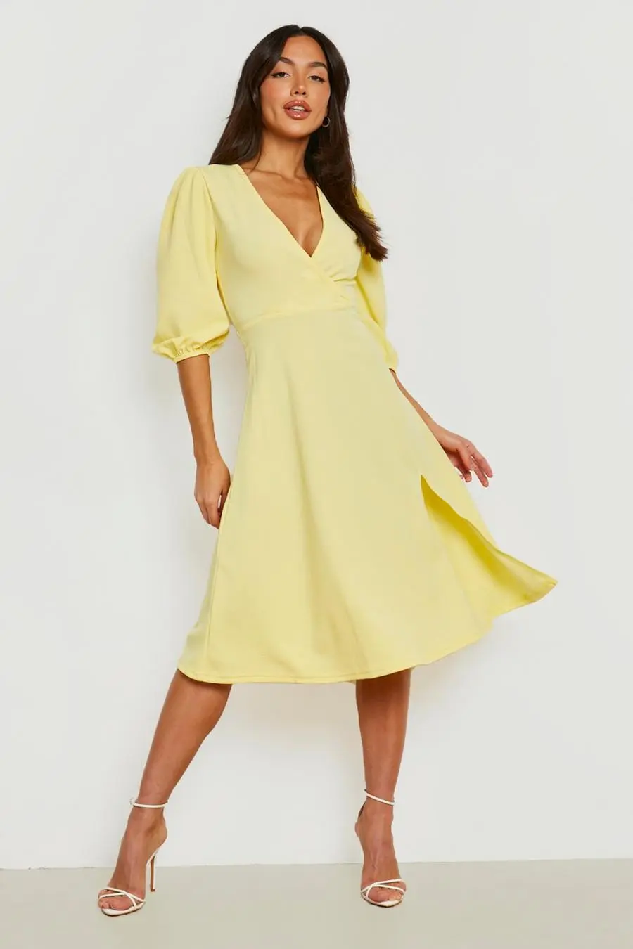 Puff Sleeve Side Split Midi Skater Dress