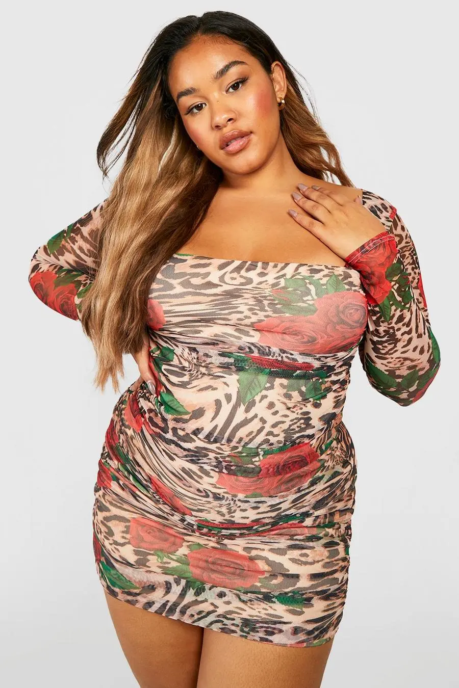 Plus Leopard Floral Mesh Ruched Bodycon Dress