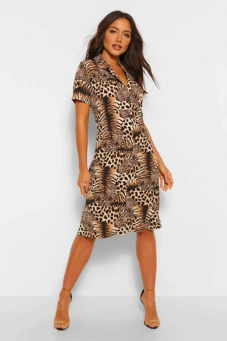 Tiger And Leopard Mix Shirt Style Midi Dress