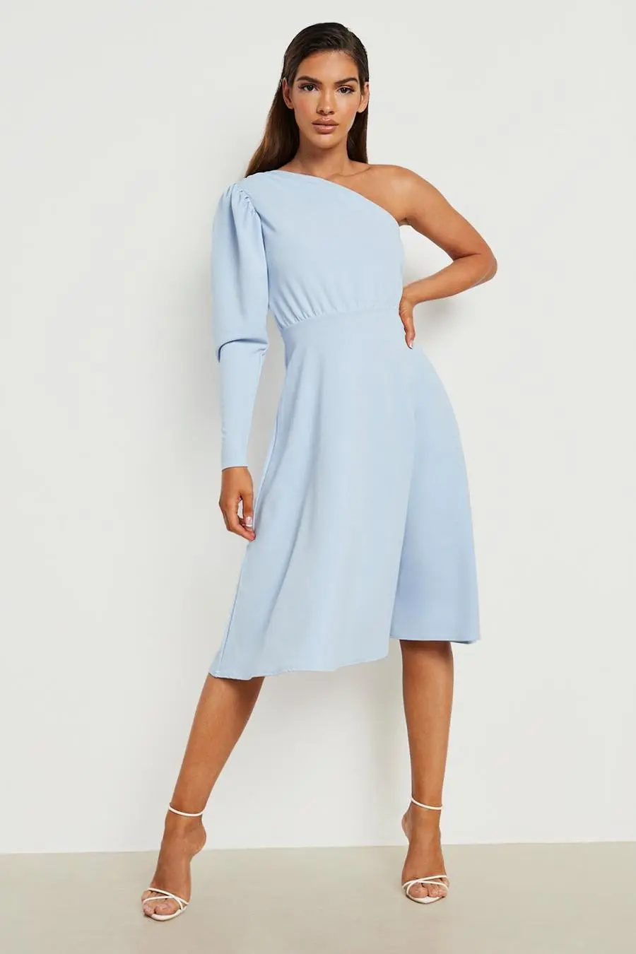 Asymmetric Puff Sleeve Midi Skater Dress