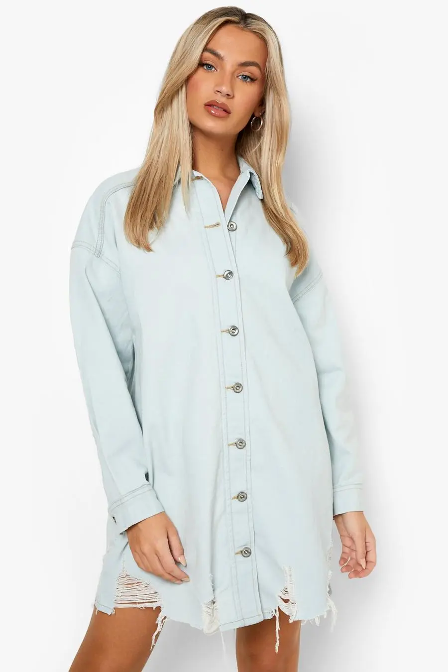 All Over Ripped Denim Shirt Dress