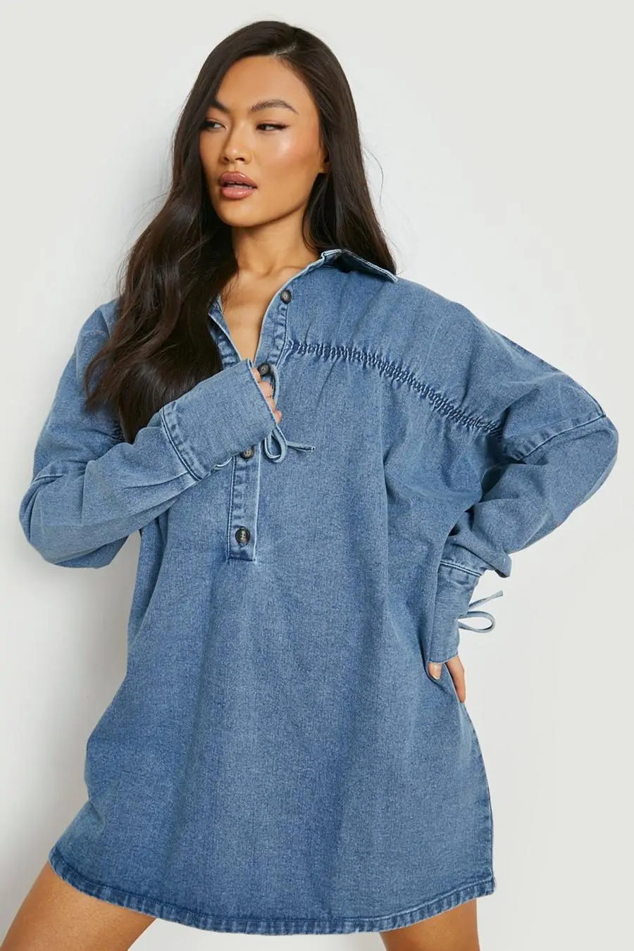 Smock Style Denim Shirt Dress With Lace Up