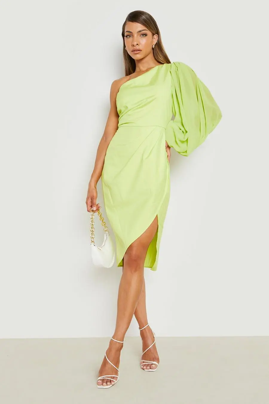One Shoulder Chiffon Sleeve Midi Dress