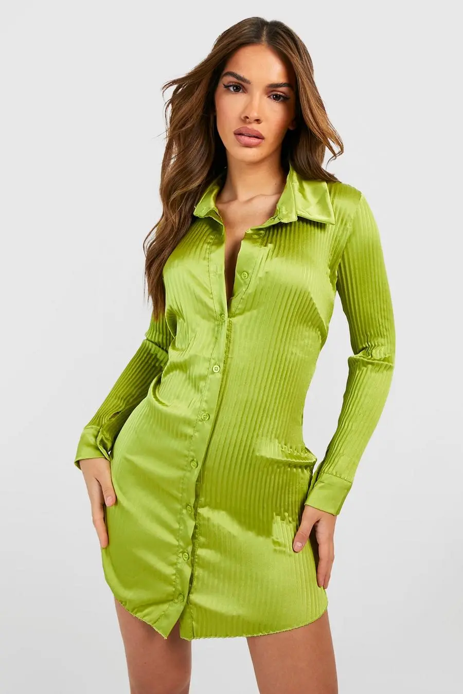 Satin Plisse Mini Shirt Dress