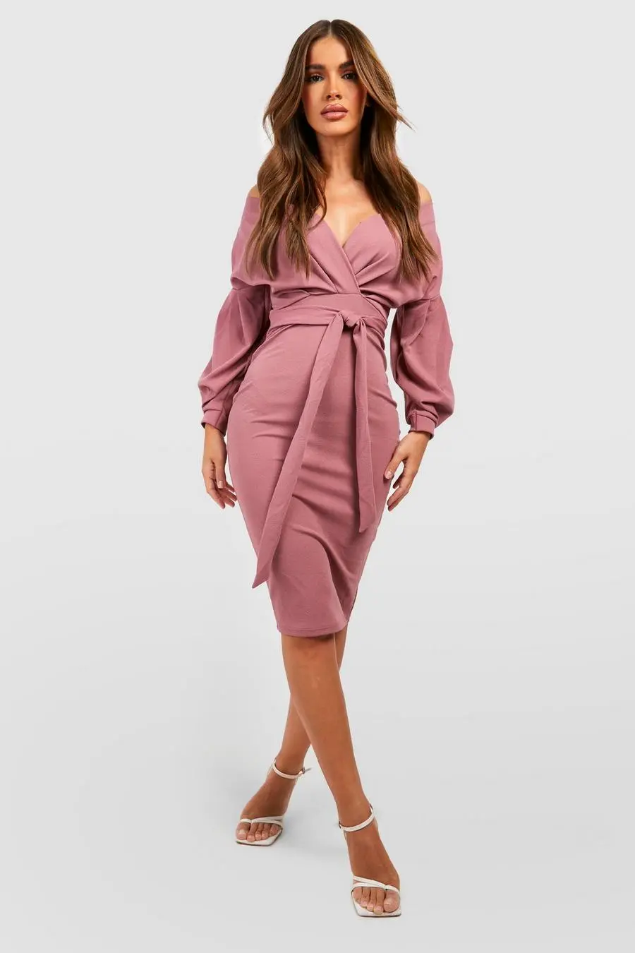 Off the Shoulder Wrap Midi Dress