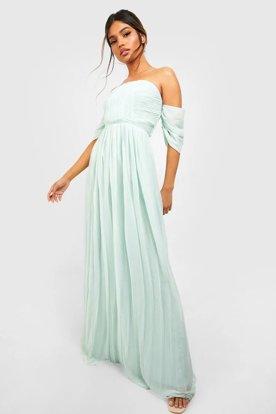 Pleated Off The Shoulder Bridesmaid Maxi Dress