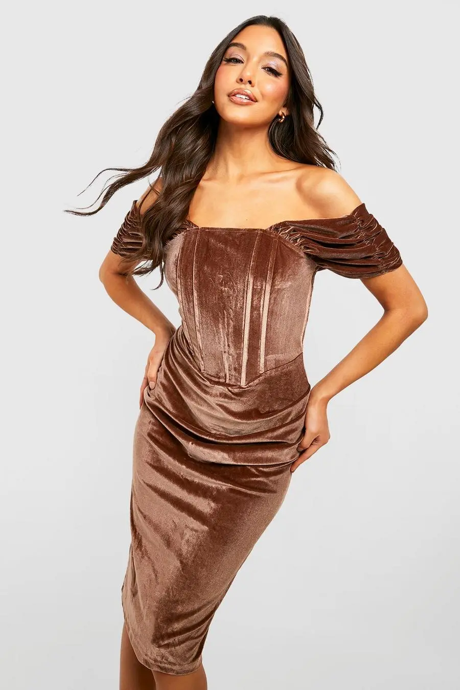 Off The Shoulder Velvet Corset Detail Dress