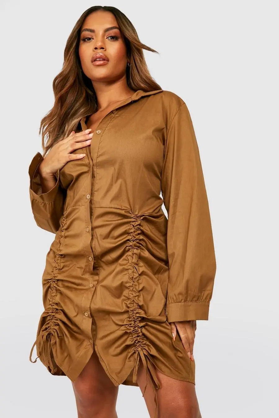 Plus Poplin Ruched Front Shirt Dress