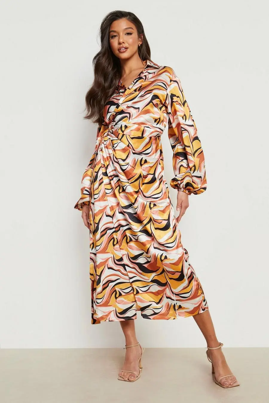 Swirl Print Satin Wrap Shirt Dress