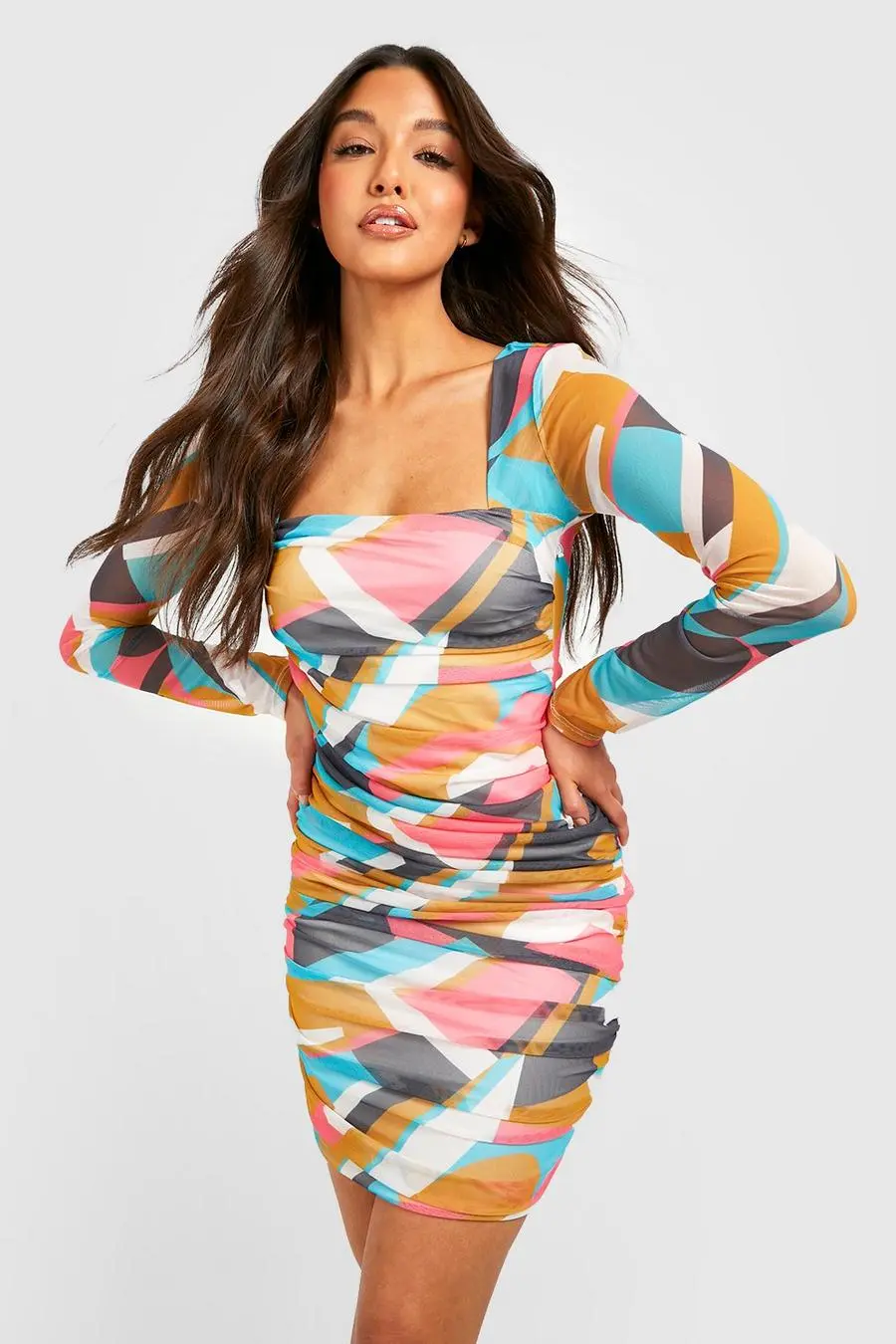 Abstract Mesh Ruched Bodycon Dress