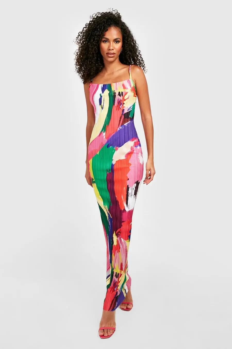 Abstract Plisse Cowl Neck Maxi Dress