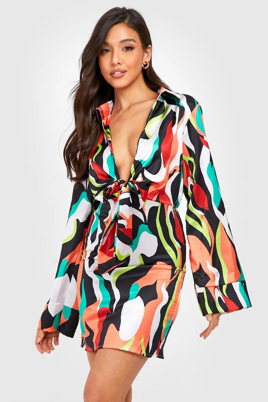 Abstract Print Tie Front Satin Shirt Dress