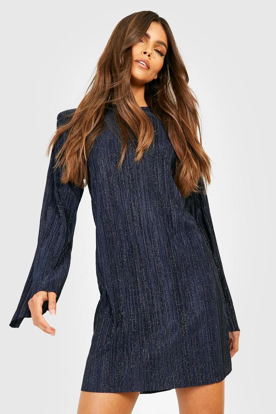 Metallic Plisse Shoulder Pad Shift Dress