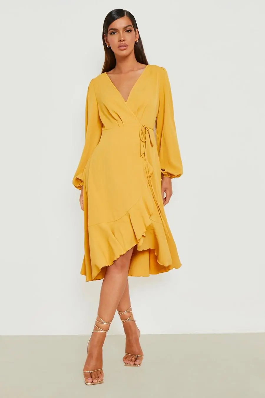 Crepe Ruffle Wrap Midi Skater Dress