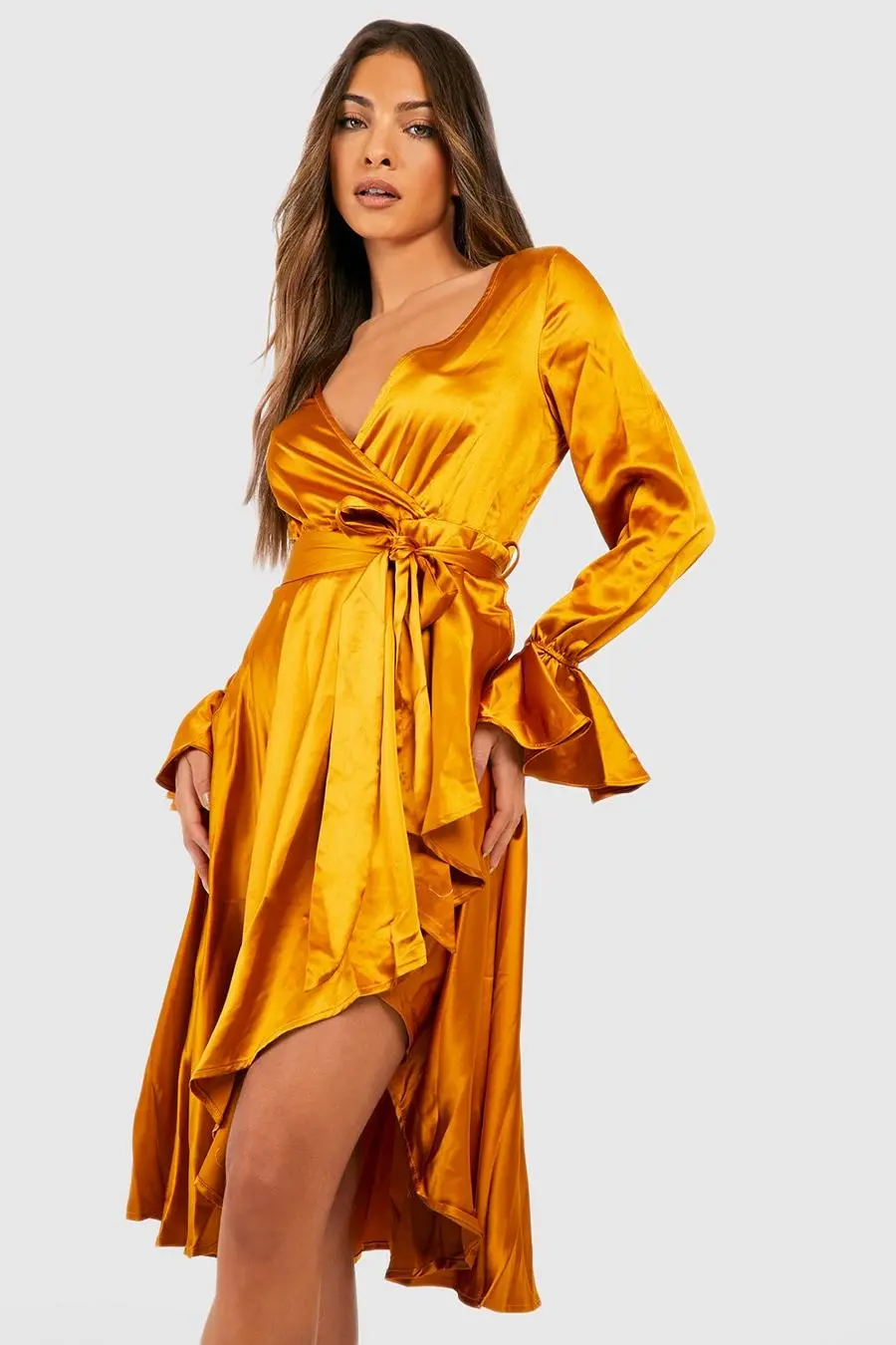 Satin Flare Cuff Wrap Midi Dress