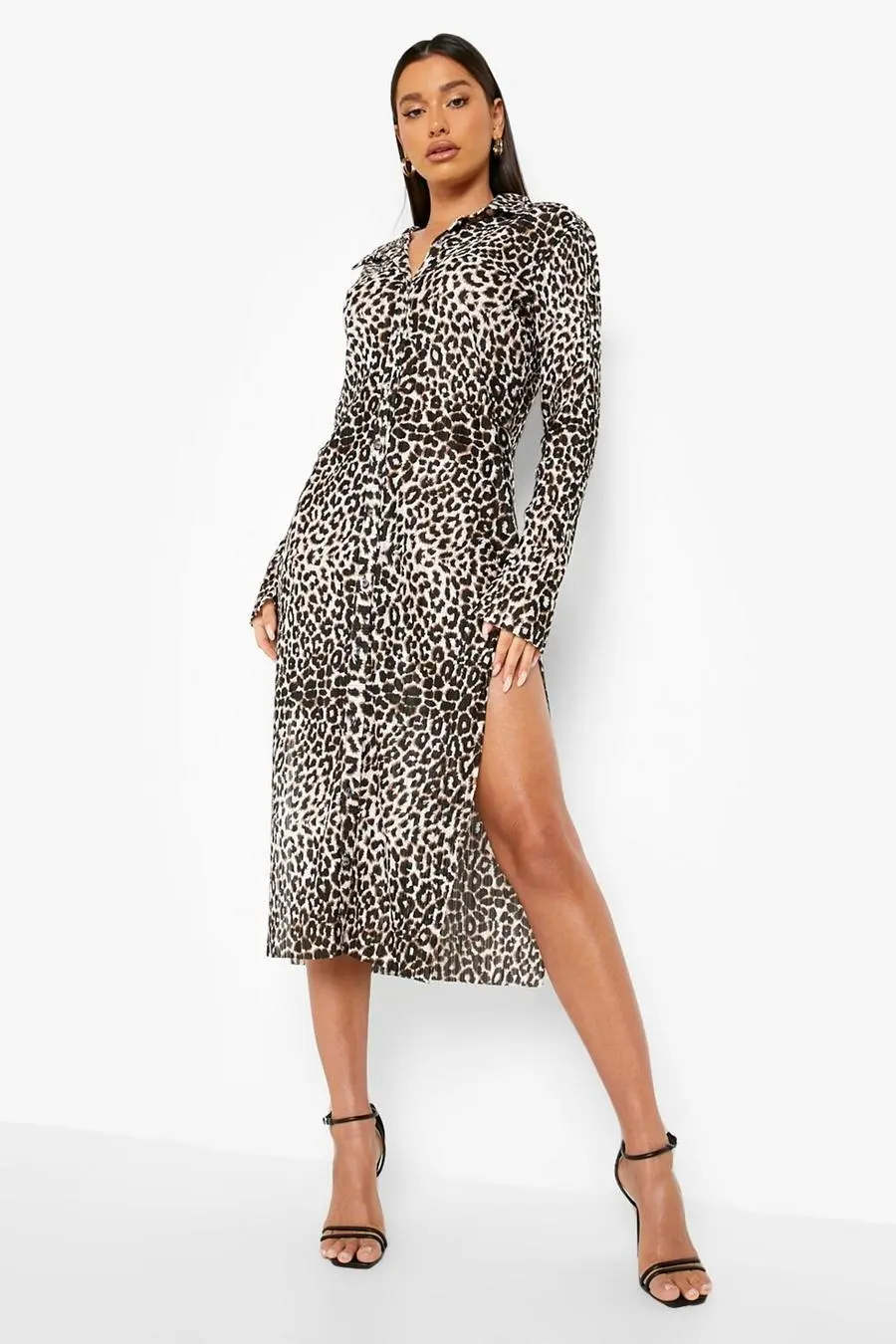 Leopard Print Plisse Midaxi Shirt Dress