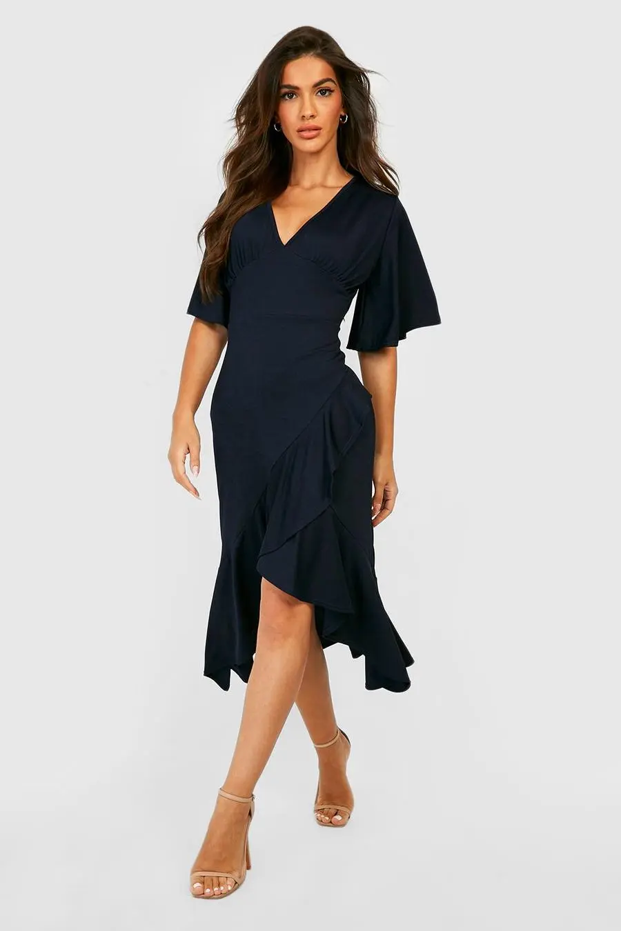 Angel Sleeve Crepe Ruffle Midi Dress